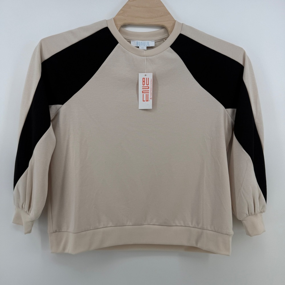 Bunulu Womens Colorblock Raglan Sweatshirt Beige Black Size M NWT